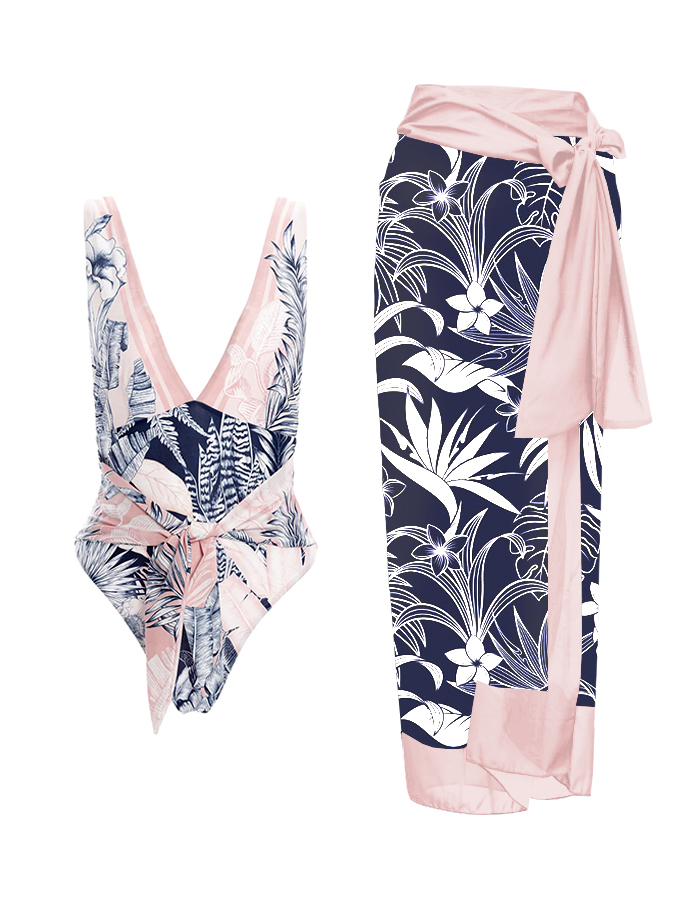 Color Block Print Lace Up One Piece Swimsuit And Cover Up