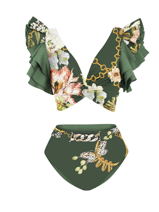 Ruffled Floral Print Bikini Swimsuit and Skirt