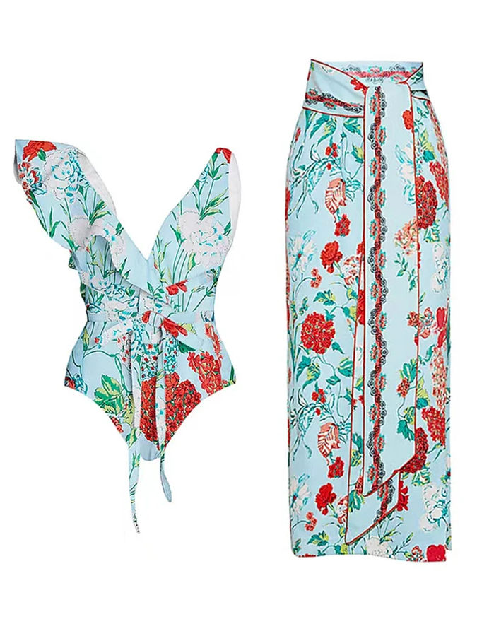 Floral Print One Piece Swimsuit and Cover Up