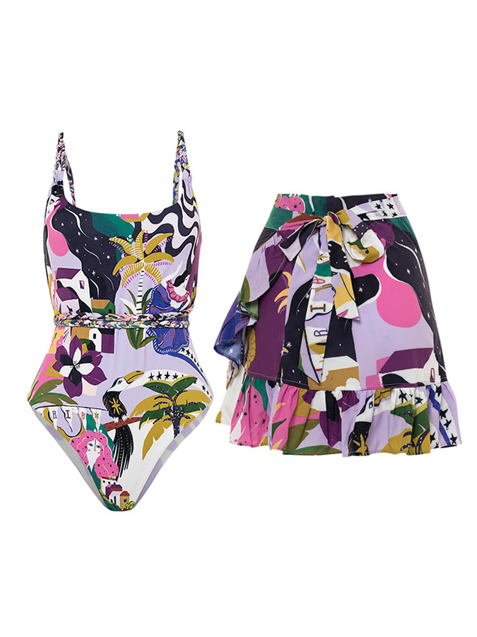 Tropical Flower and Bird Print One-Piece Swimsuit And Cover Up
