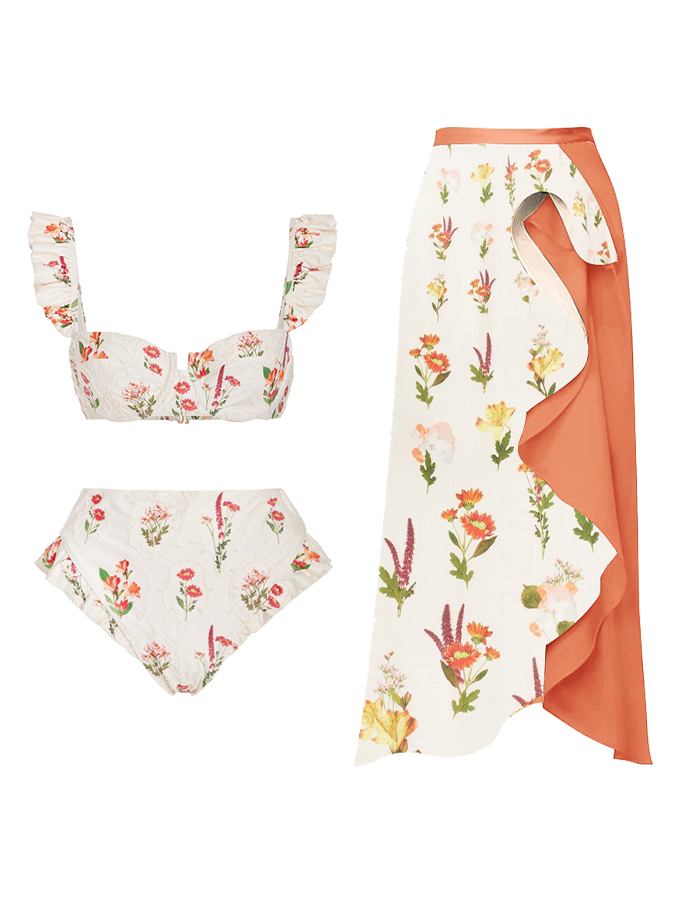 Ruffled Embroidered Print Bikini Swimwear