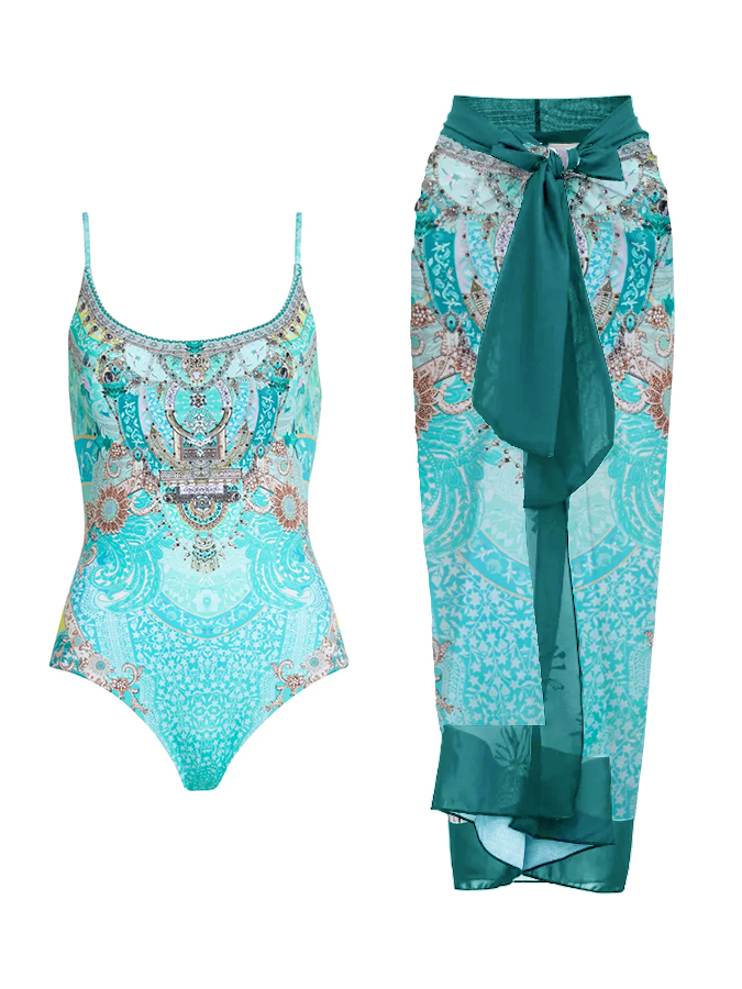 Vintage Court Floral Print One Piece Swimsuit And Cover up