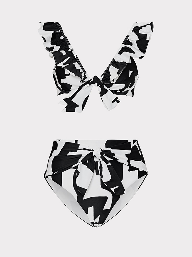 Black Irregular Print Lace-Up One-Piece Swimsuit