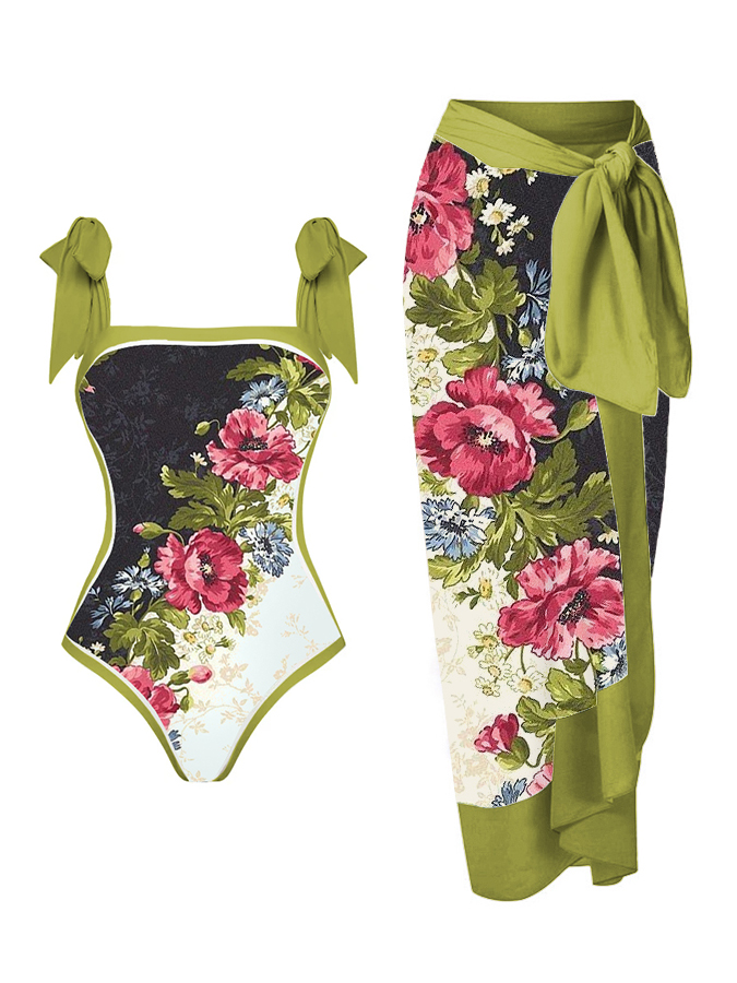 Vintage Color Block Floral Print One Piece Swimsuit And Cover up