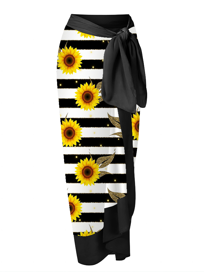 Deep V Sunflower Print One Piece Swimsuit Set