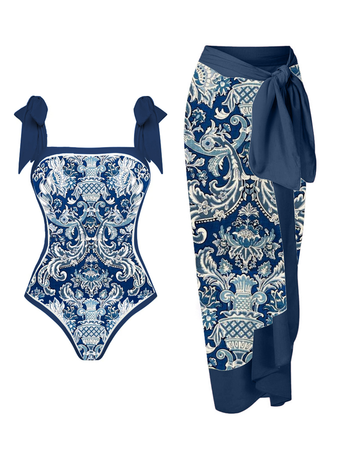 Vintage Blue and White Porcelain Print One-Piece Swimsuit And Cover up