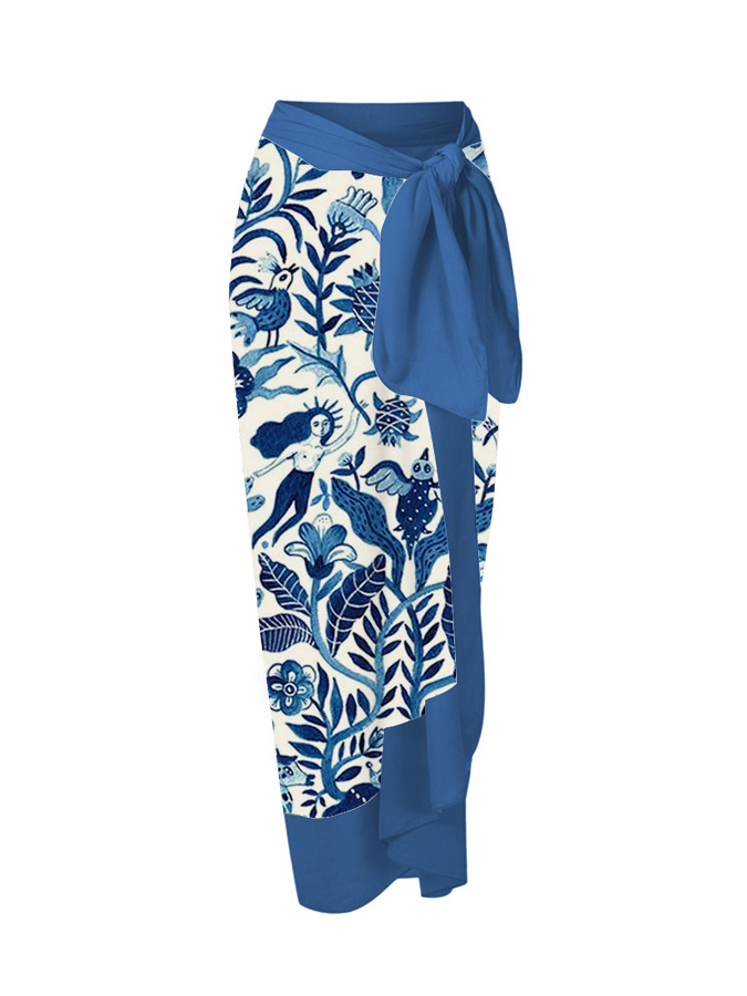 Blue and White Porcelain Printed One-Piece Swimsuit And Cover up