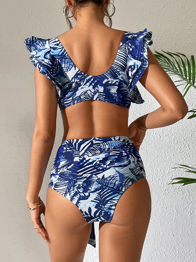 Ruffle Shoulder Jungle Printed Bikini Swimsuit and Cover-up