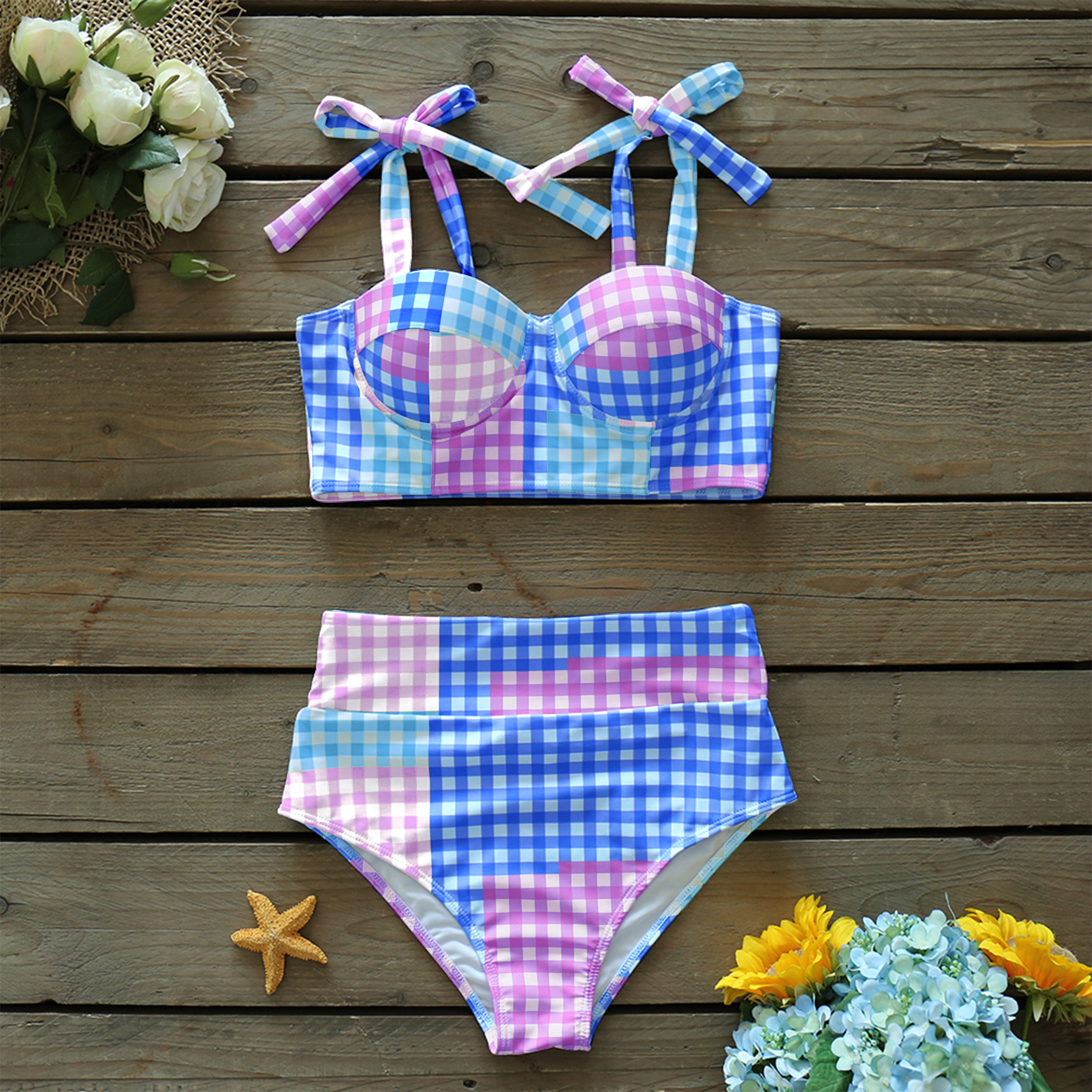 Colorful Plaid Lacing Shoulder Bikini Cover-up