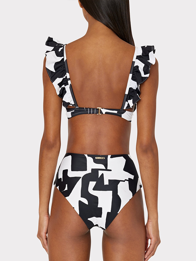 Black Irregular Print Lace-Up One-Piece Swimsuit