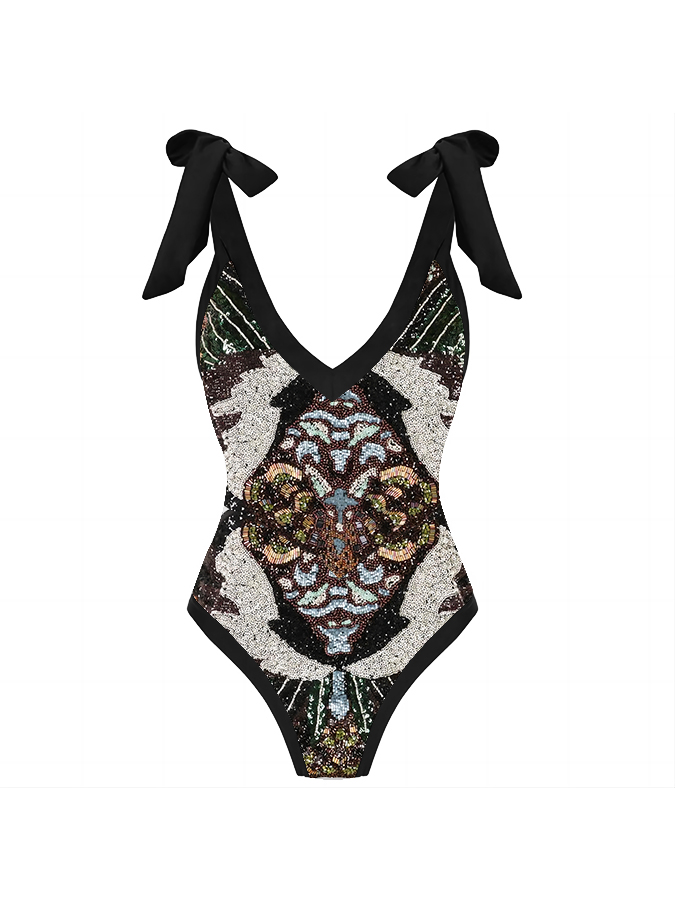 Deep V Print One Piece Swimsuit Set