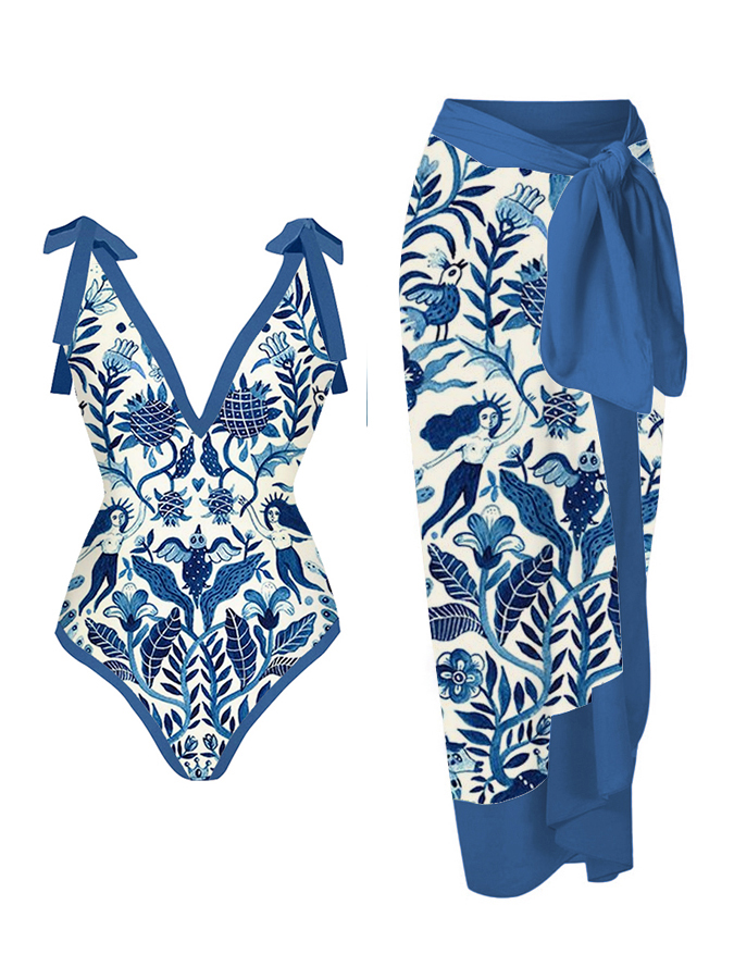 Blue and White Porcelain Printed One-Piece Swimsuit And Cover up