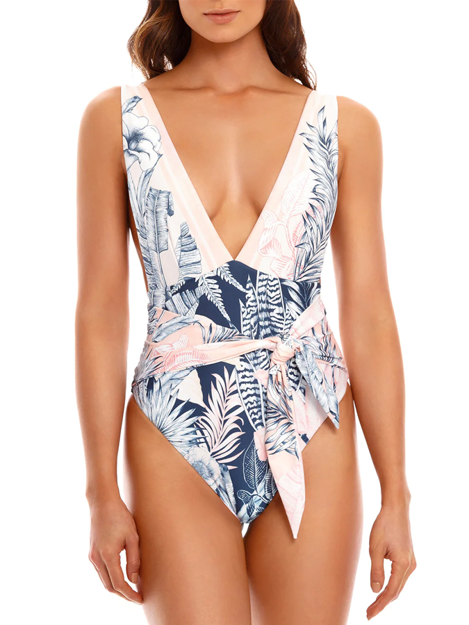 Color Block Print Lace Up One Piece Swimsuit And Cover Up