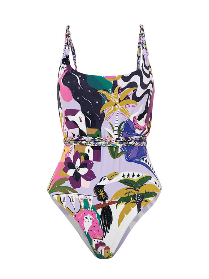 Tropical Flower and Bird Print One-Piece Swimsuit And Cover Up