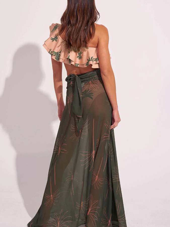 One Shoulder Ruffle Coco Print Bikini And Cover up