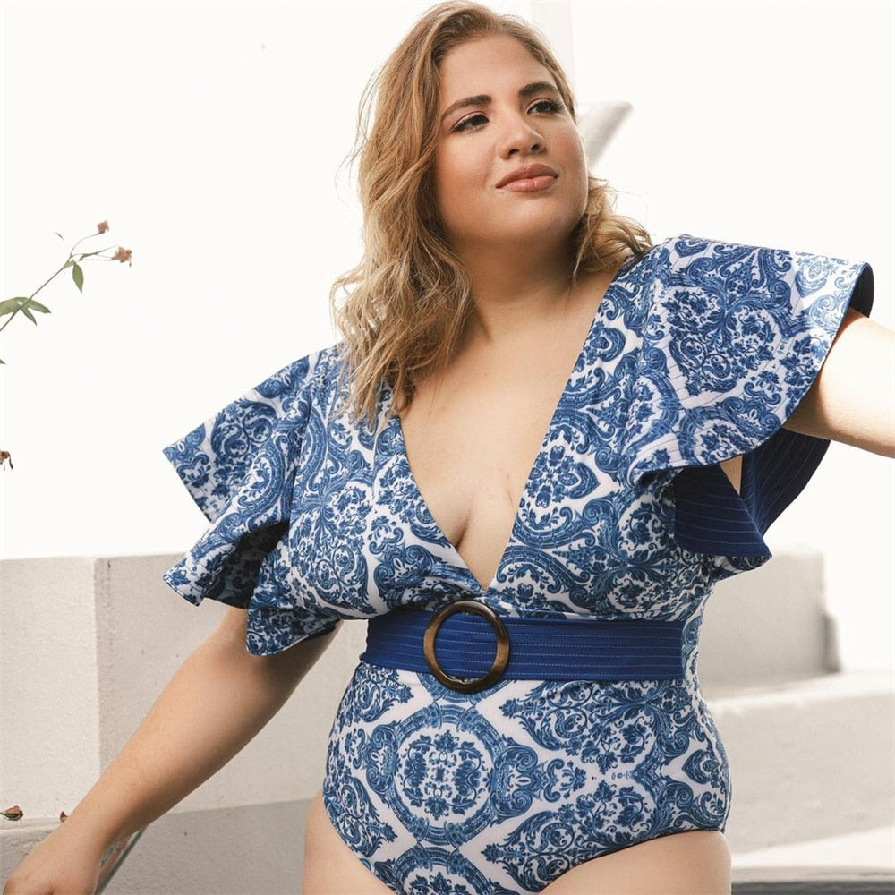 Deep V Ruffle Belt Printed One Piece Swimsuit