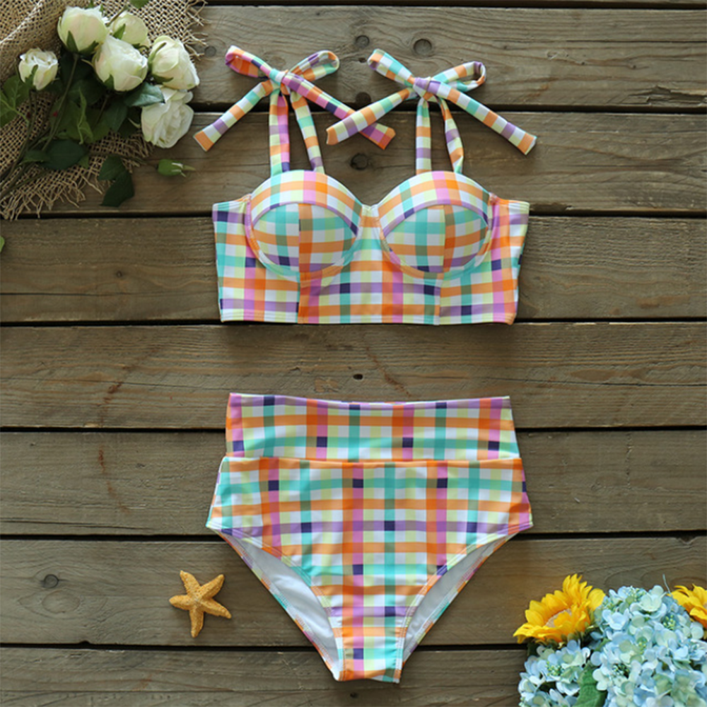 Colorful Plaid Lacing Shoulder Bikini Cover-up