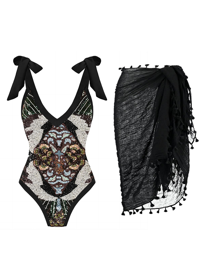 Deep V Print One Piece Swimsuit Set