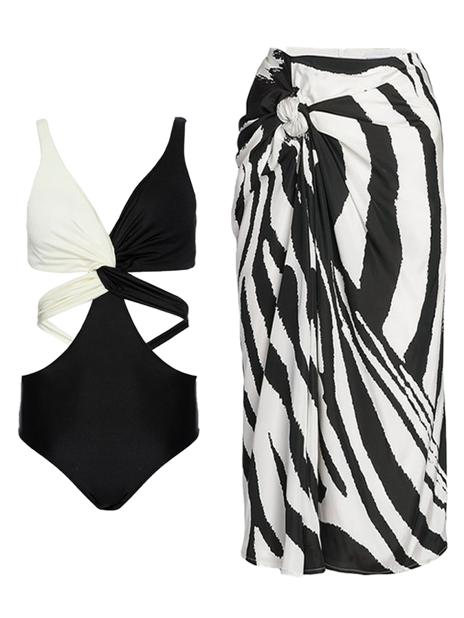 Deep V Colorblock One-piece Swimsuit and Cover-up