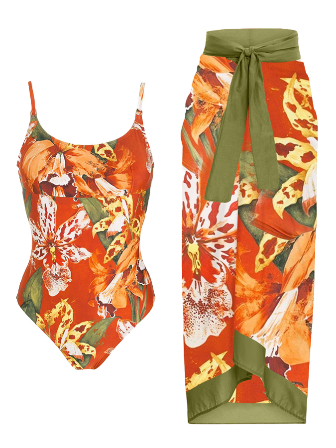 Vintage Colorblock Floral Print One-Piece Swimsuit and Skirt