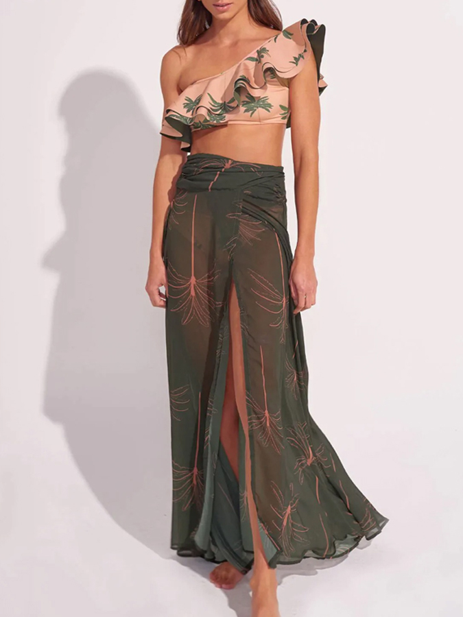 One Shoulder Ruffle Coco Print Bikini And Cover up