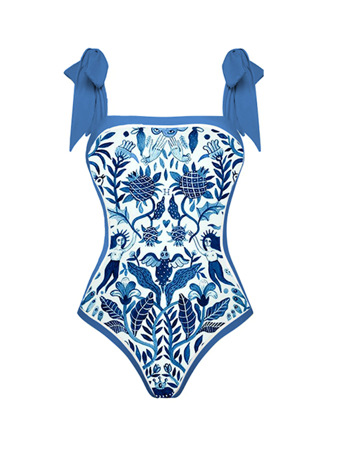 Blue and White Porcelain Printed One-Piece Swimsuit And Cover up