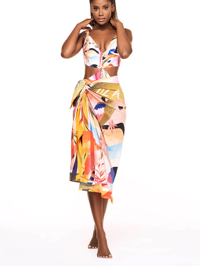 Tropical Samba Print One Piece Swimsuit And Cover Up