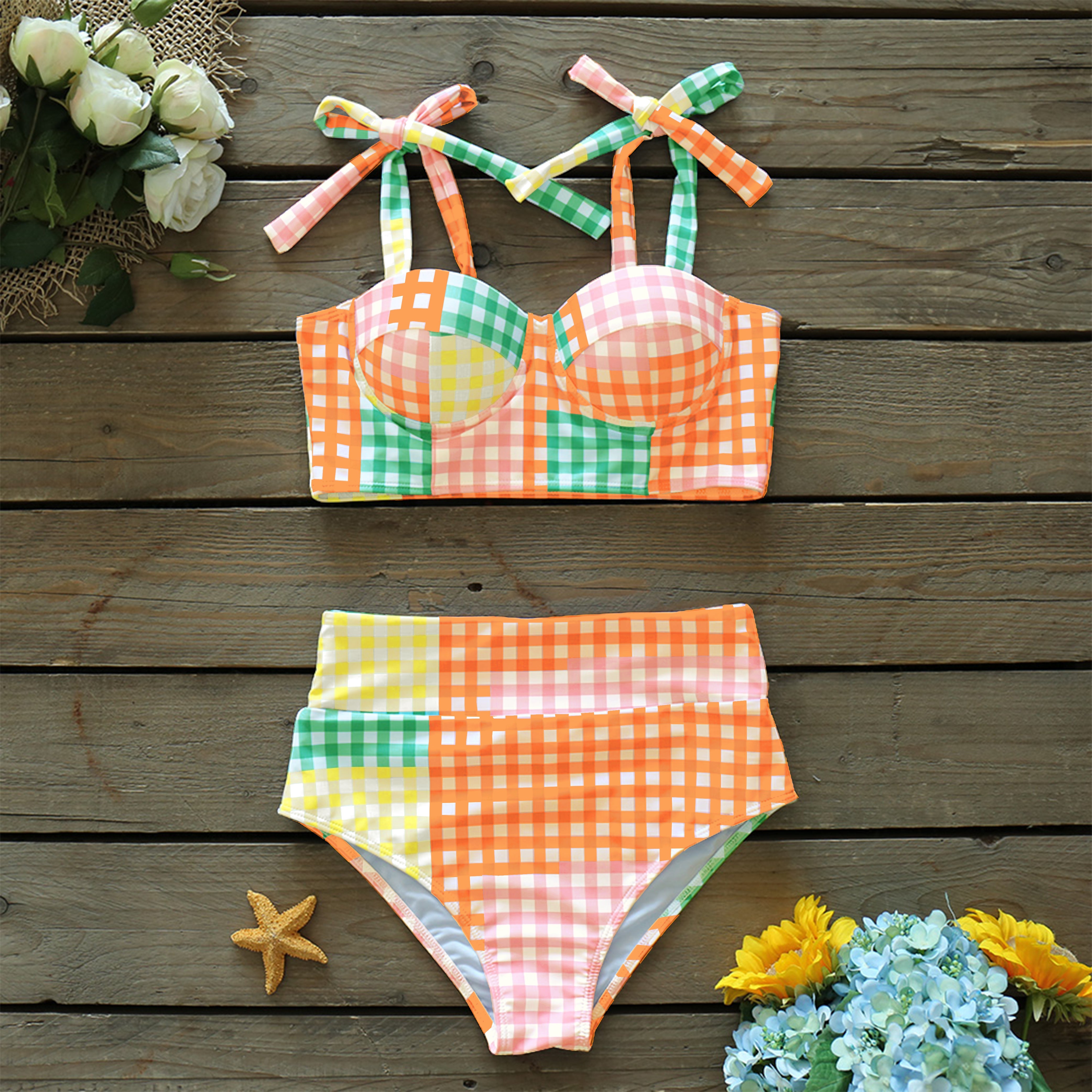 Colorful Plaid Lacing Shoulder Bikini Cover-up