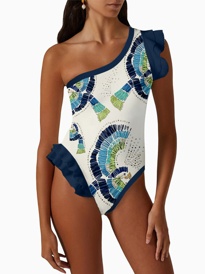 One-Shoulder Ruffle Print One-Piece Swimsuit Set