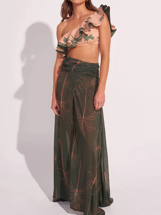One Shoulder Ruffle Coco Print Bikini And Cover up