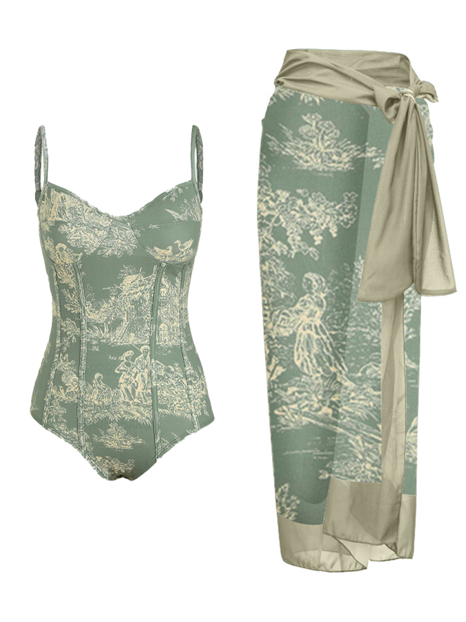 Green Fashion Print One Piece Swimsuit