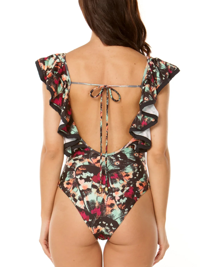 Vintage Butterfly Pattern Ruffle One Piece Swimsuit And Cover Up
