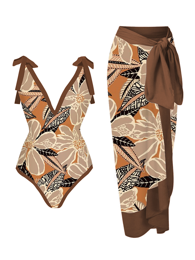 Vintage Floral Casual One Piece Swimsuit And Cover up