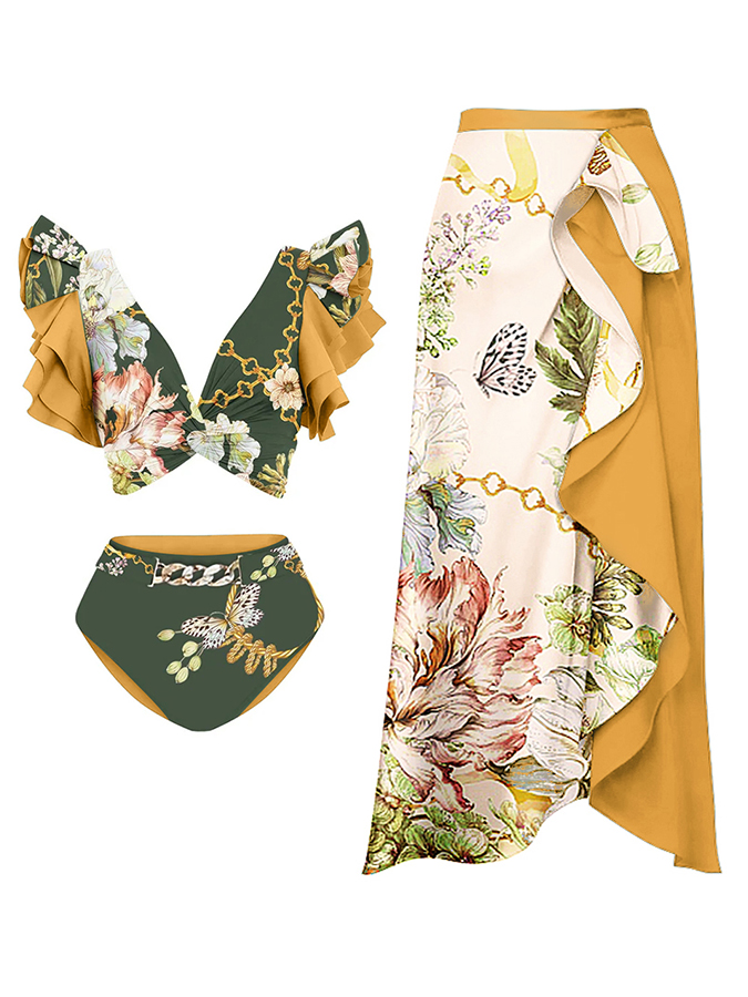 Ruffled Floral Print Bikini Swimsuit and Skirt