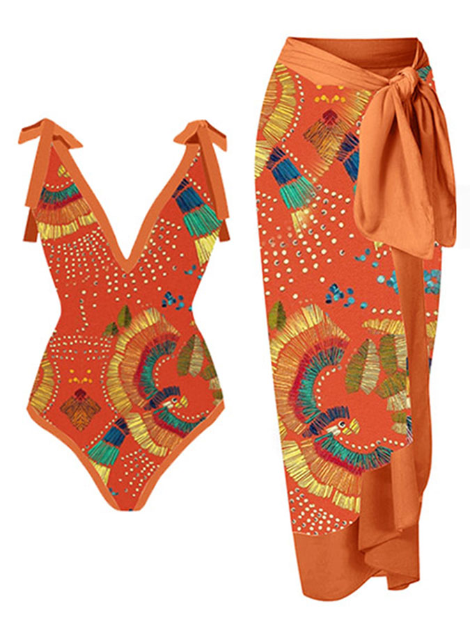 Deep V Print One Piece Swimsuit Set