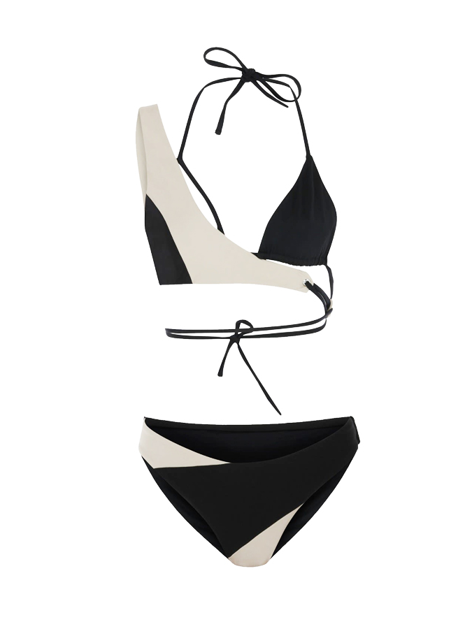 Sexy Beige Black Color Block Bikini And Print Cover Up