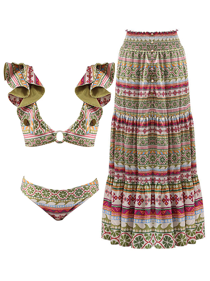 Plain Camisole Bikini One Piece And Ethnic Print Cover Up