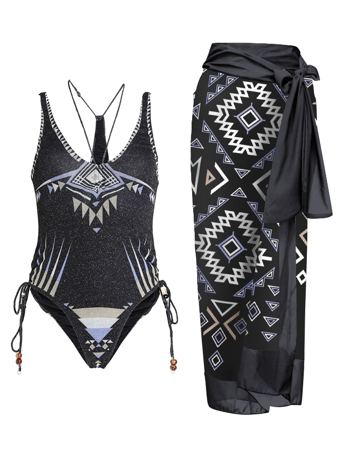Native American Ethnic Geometric Print One Piece Swimsuit And Cover Up