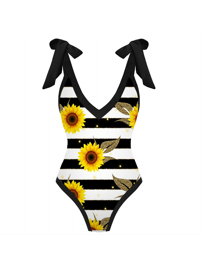 Deep V Sunflower Print One Piece Swimsuit Set