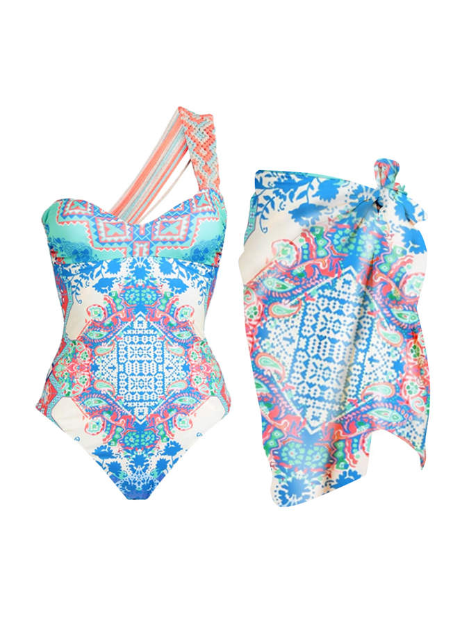 Vintage Ethnic Geometric Print One Shoulder One-Piece Swimsuit And Cover Up