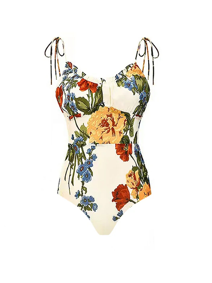 Floral Print Lace Up One Piece Swimsuit