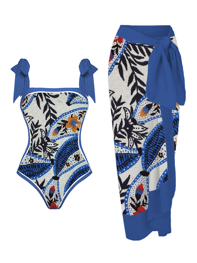 Vintage Floral Print One Piece Swimsuit And Cover Up