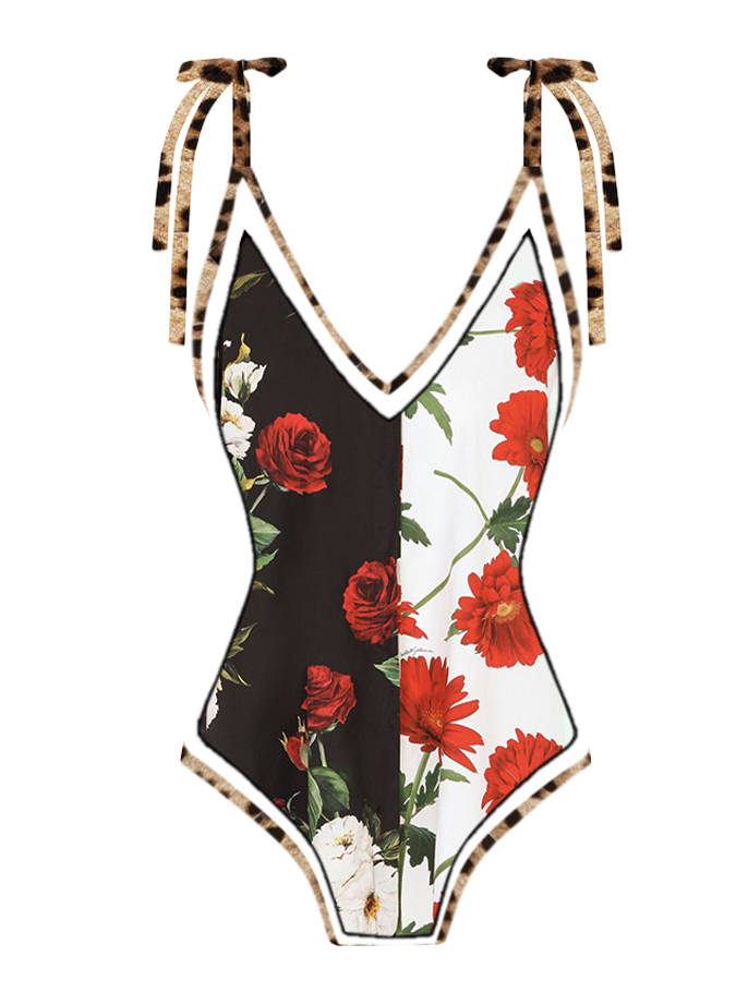 Vintage V Neck Leopard Colorblock Flower Print One-piece Swimsuit and Cover-up