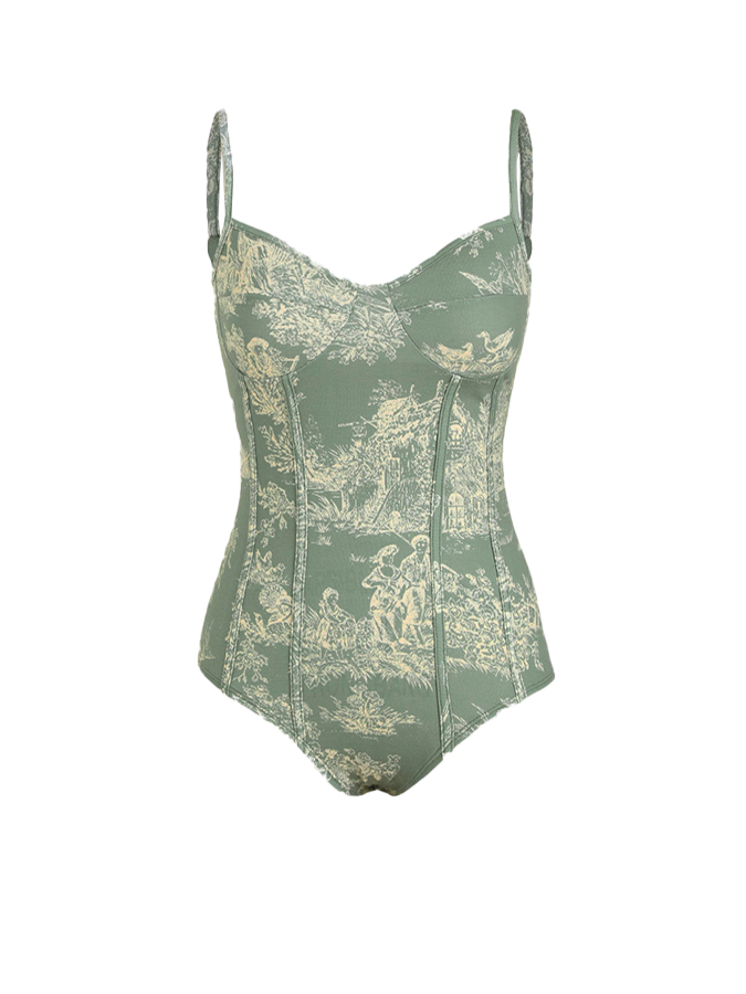 Green Fashion Print One Piece Swimsuit