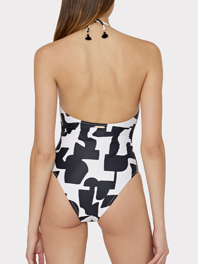 Black Irregular Print Lace-Up One-Piece Swimsuit
