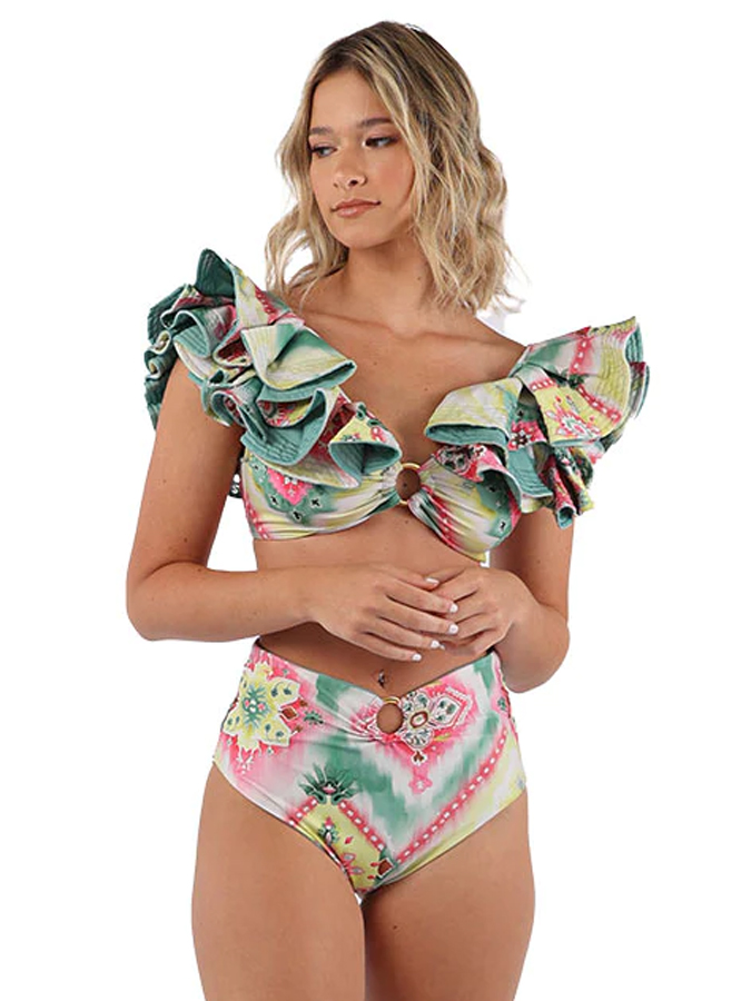 Vintage Print Ruffle Bikini And Cover Up