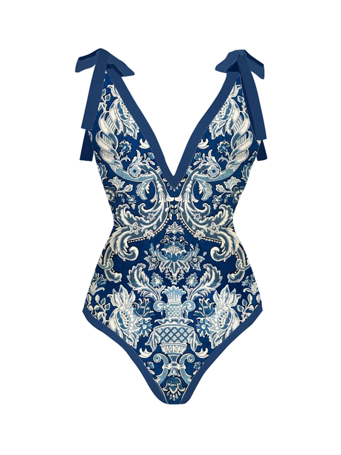 Vintage Blue and White Porcelain Print One-Piece Swimsuit And Cover up