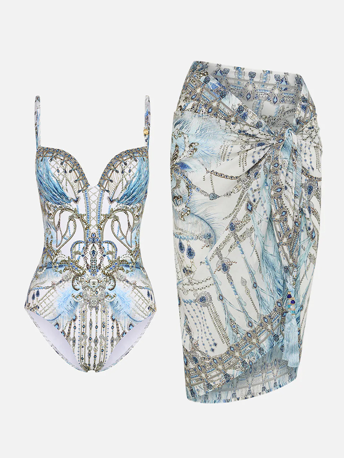 Vintage Court Geometric Feather Print One Piece Swimsuit And Cover up
