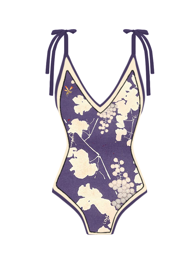Simple Printed Panel Lace OnePiece Swimsuit
