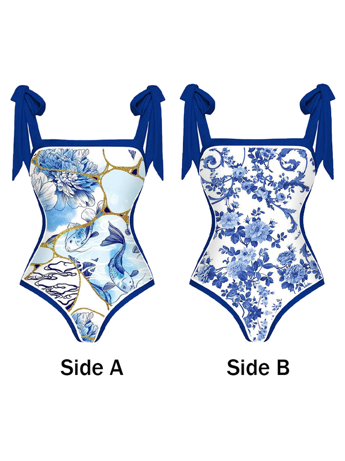 Reversible Colorblock Print One-Piece Swimsuit and Cover-up